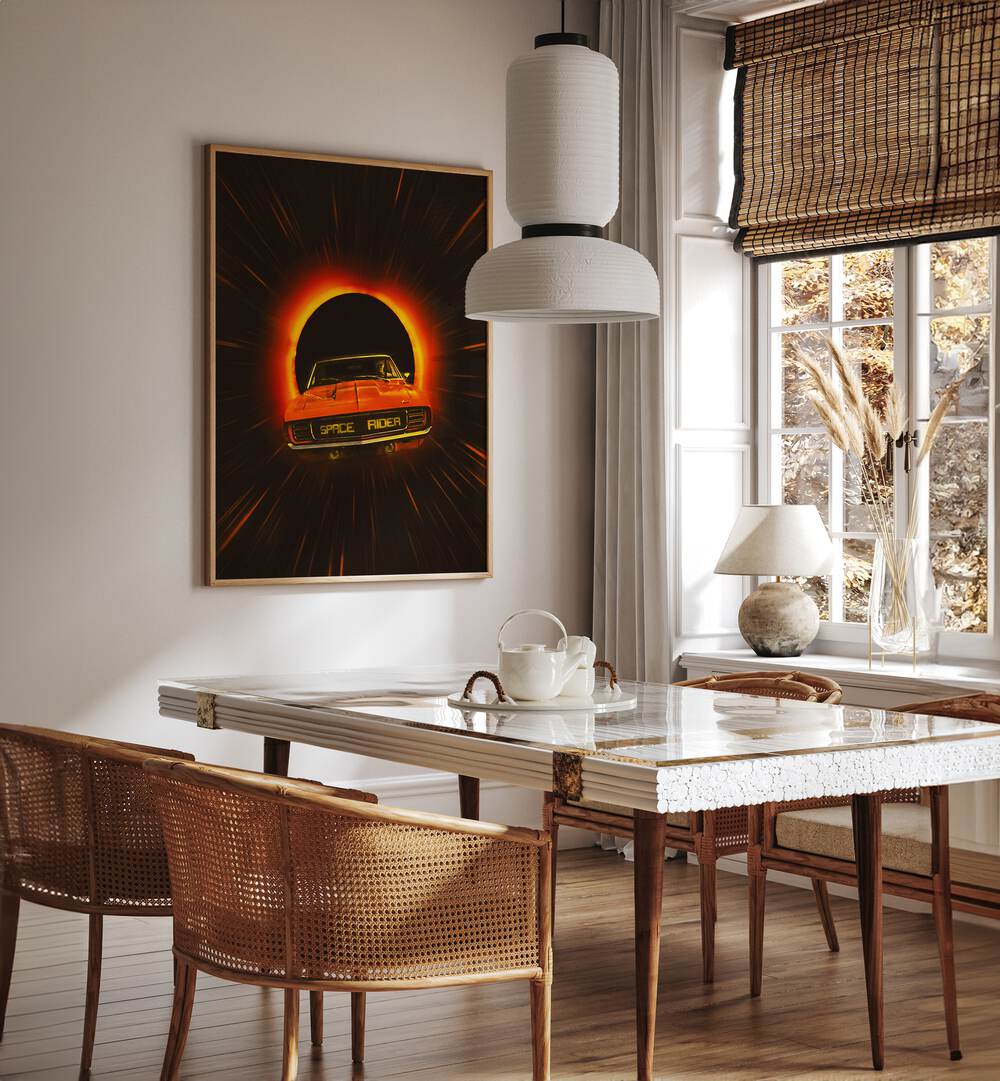 Space Rider Surreal Paintings Surreal Art Prints in Oak Wood Plain Frame placed on a Cream Colored Wall near a Dining Table in the Dining Room