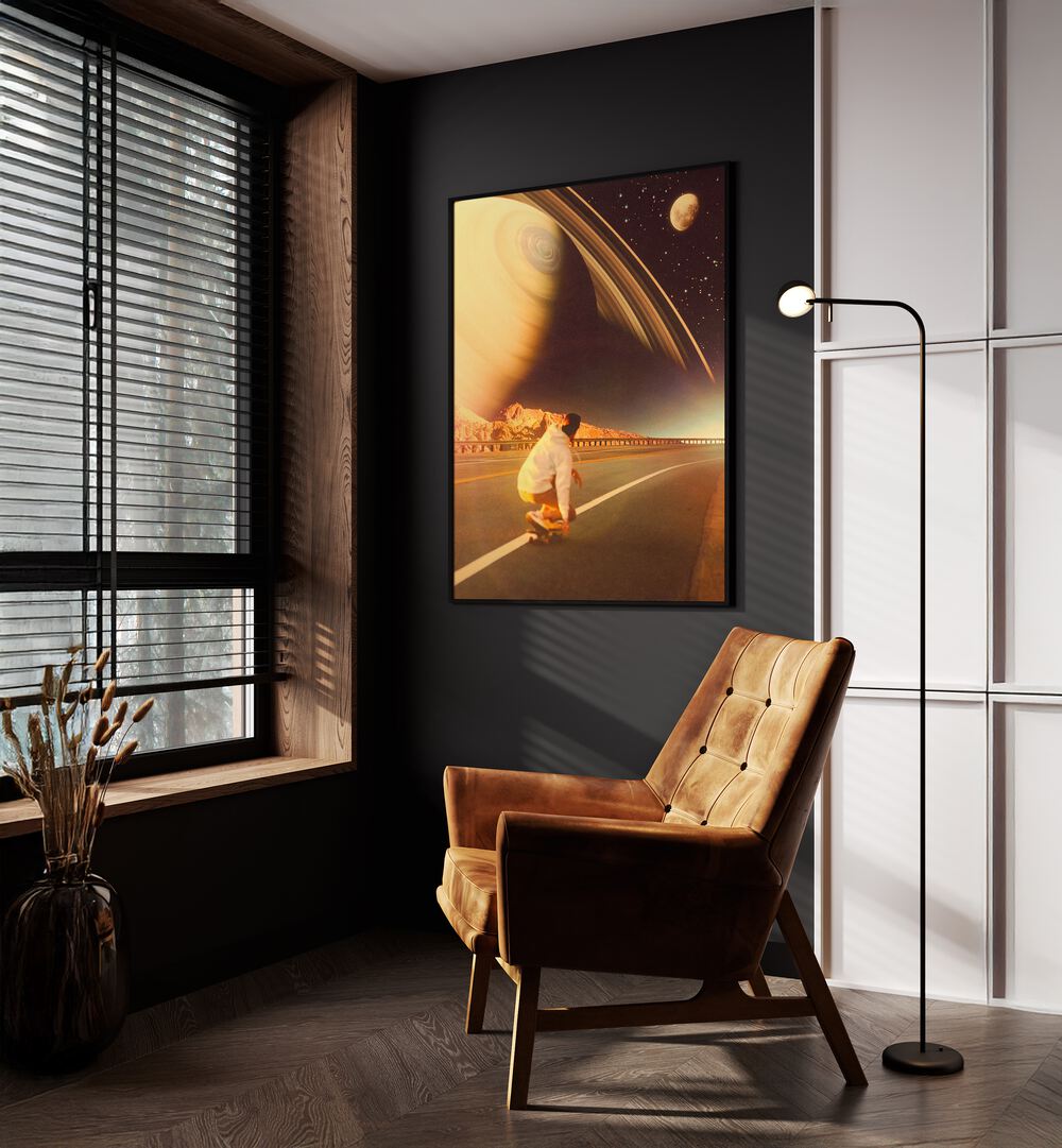 Space Sk8e Surreal Paintings Surreal Art Prints in Black Plain Frame placed on a Dark Grey Colored Wall near a Brown Sofa Chair in the Drawing Room