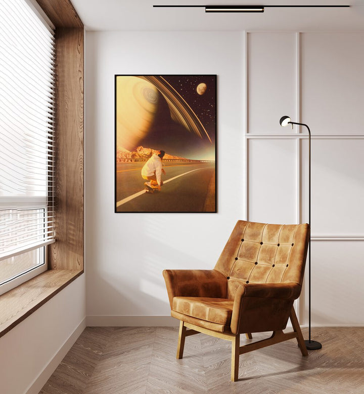 Space Sk8e Surreal Paintings Surreal Art Prints in Black Plain Frame placed on a Cream Colored Wall near a Brown Sofa Chair in the Drawing Room