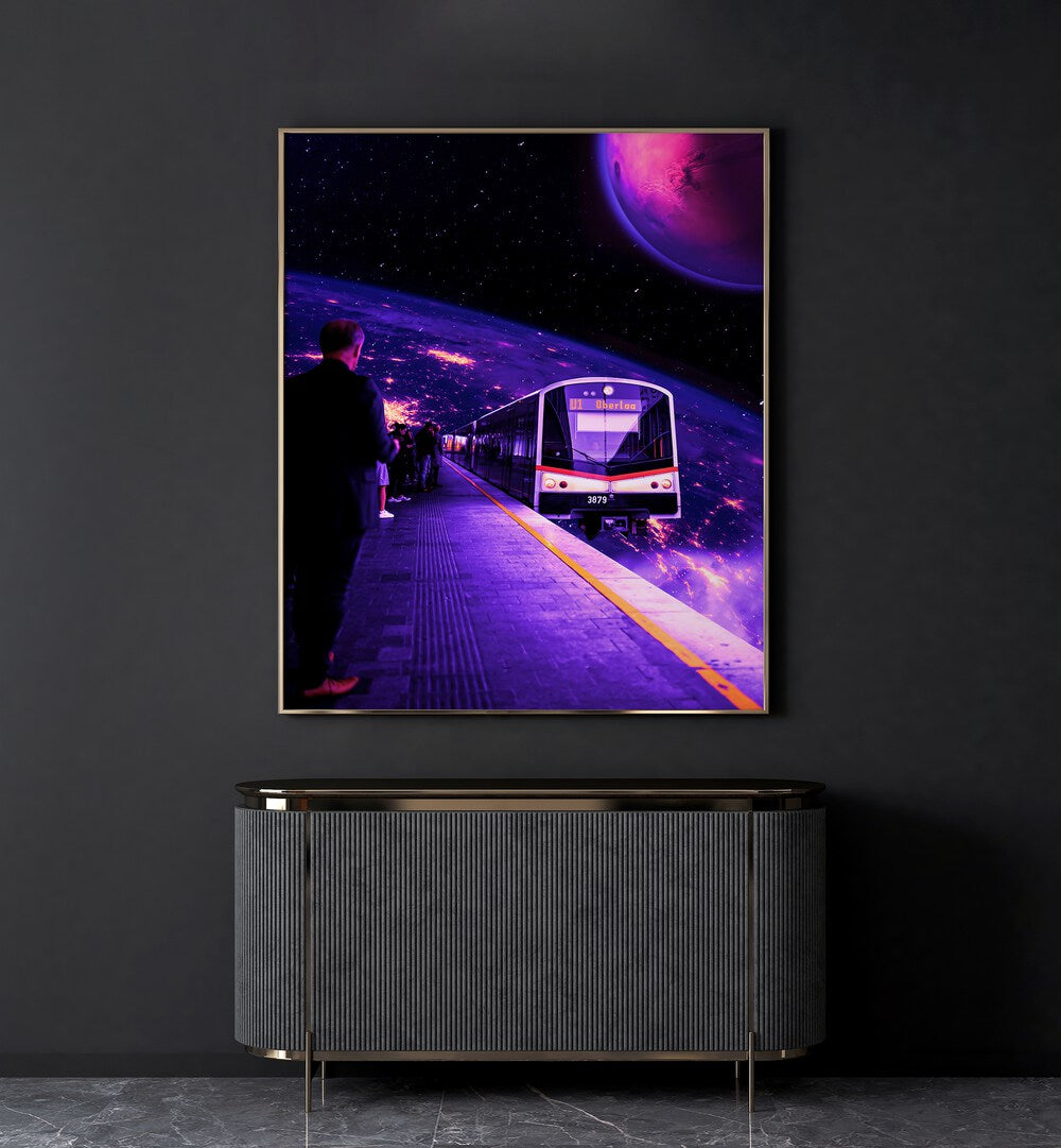 Space Train By Ritvik Takkar Surreal Paintings in Gold Plain Frame placed on a Dark Grey Colored Wall above a Console Table in the Drawing Room