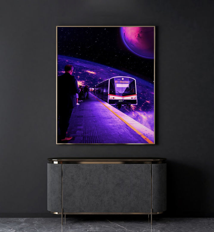 Space Train By Ritvik Takkar Surreal Paintings in Gold Plain Frame placed on a Dark Grey Colored Wall above a Console Table in the Drawing Room