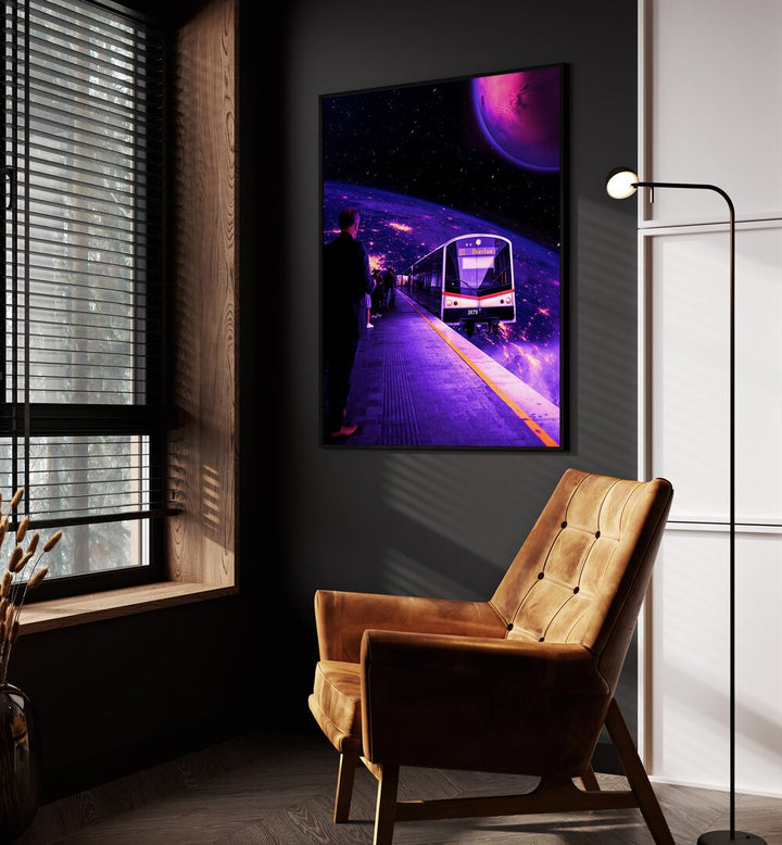 Space Train By Ritvik Takkar Surreal Paintings in Black Plain Frame placed on a Dark Grey Colored Wall in the Drawing Room