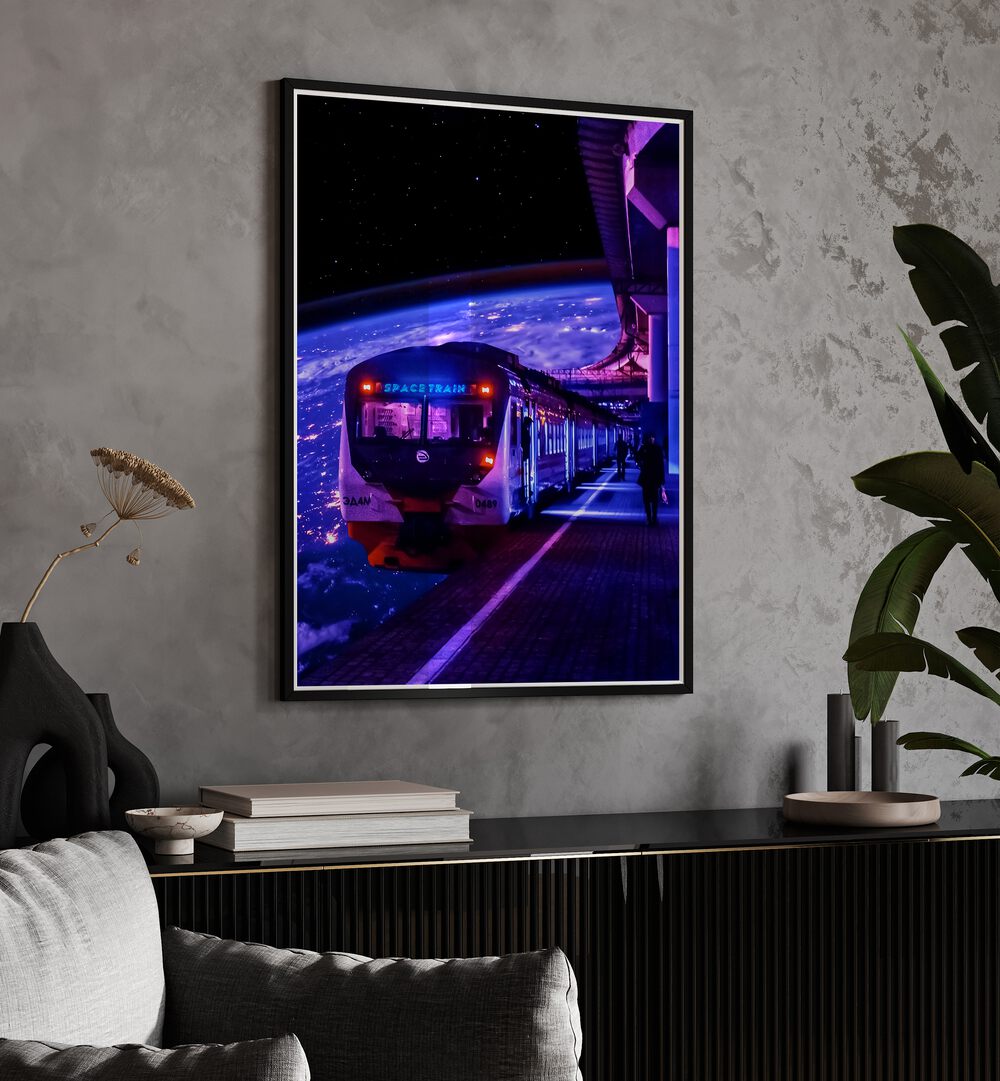 Space Train II By Ritvik Takkar Surrealism in Black Plain Frame placed on a Grey Colored Wall above a Console Table