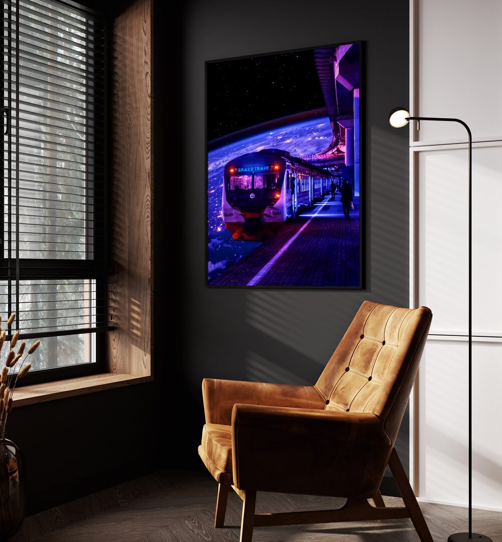 Space Train II By Ritvik Takkar Surrealism in Black Plain Frame placed on a Dark Grey Colored Wall in the Drawing Room