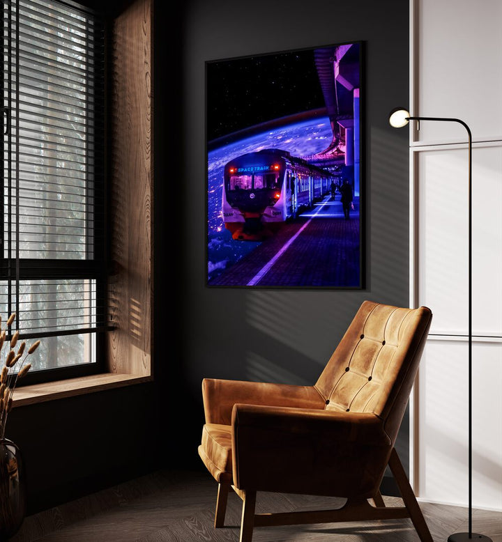 Space Train II By Ritvik Takkar Surrealism in Black Plain Frame placed on a Dark Grey Colored Wall in the Drawing Room