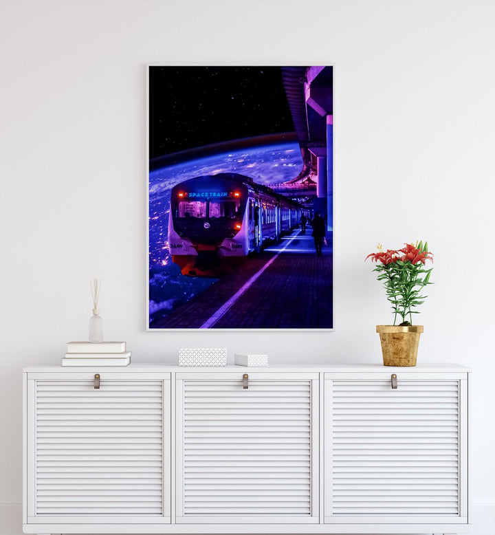 Space Train II By Ritvik Takkar Surrealism in White Plain Frame placed on a White Colored Wall above a Console Table