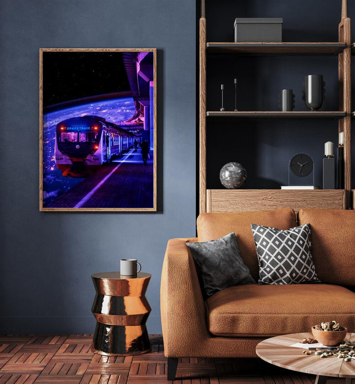 Space Train II By Ritvik Takkar Surrealism in Oak Wood Plain Frame placed on a Blue Colored Wall near a Brown Sofa in the Living Room