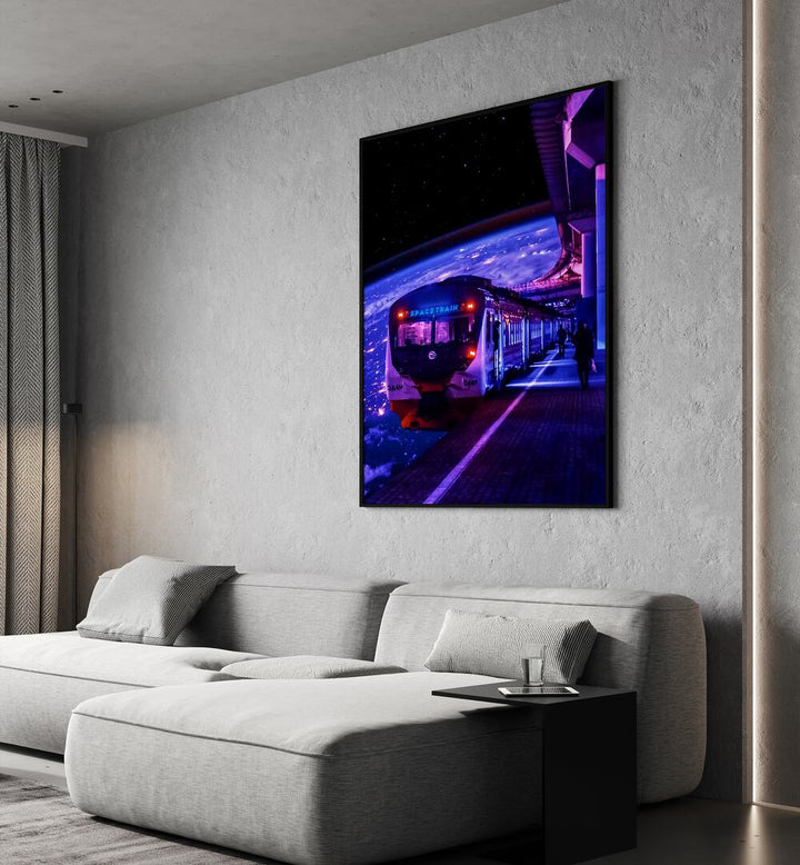 Space Train II By Ritvik Takkar Surrealism in Black Plain Frame placed on a Grey Colored Wall near a Grey Sofa in the Living Room