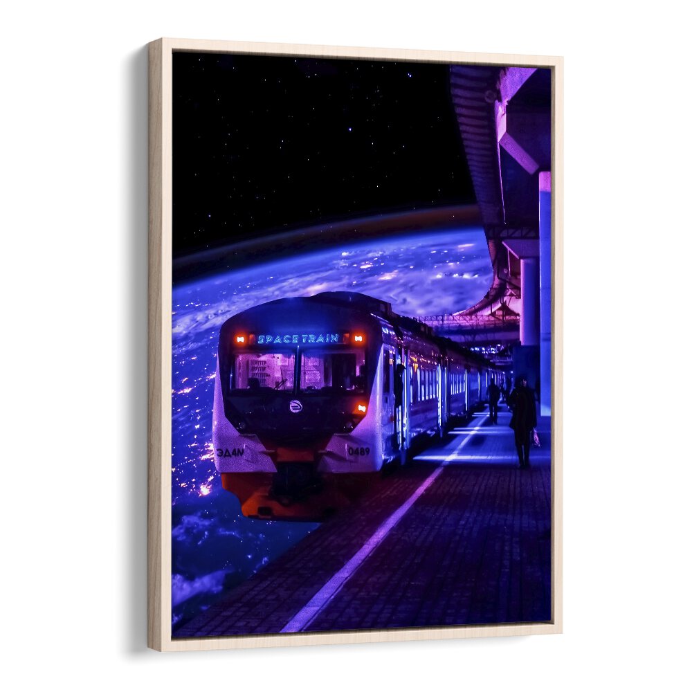 Space Train II By Ritvik Takkar Surrealism in Oak Wood Floater Frame