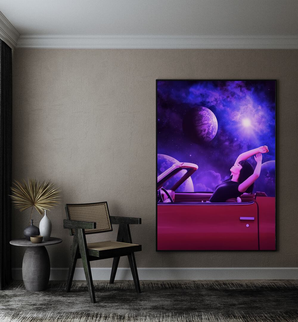 Space Trip By Ritvik Takkar Surreal Paintings in Black Plain Frame placed on a Beige Colored Wall in the Drawing Room