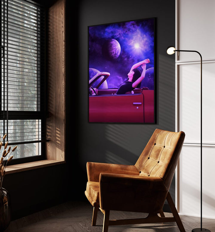 Space Trip By Ritvik Takkar Surreal Paintings in Black Plain Frame placed on a Dark Grey Colored Wall in the Drawing Room