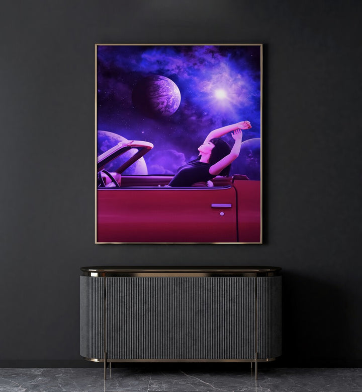 Space Train By Ritvik Takkar Surreal Paintings in Gold Plain Frame placed on a Dark Grey Colored Wall above a Console Table in the Drawing Room