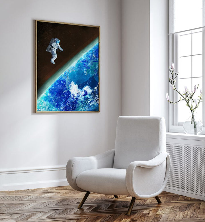 Space Walk By Goed Blauw Sci-fi-posters Wall Art Prints in Oak Wood Plain Frame placed on a White Colored Wall in the Drawing Room