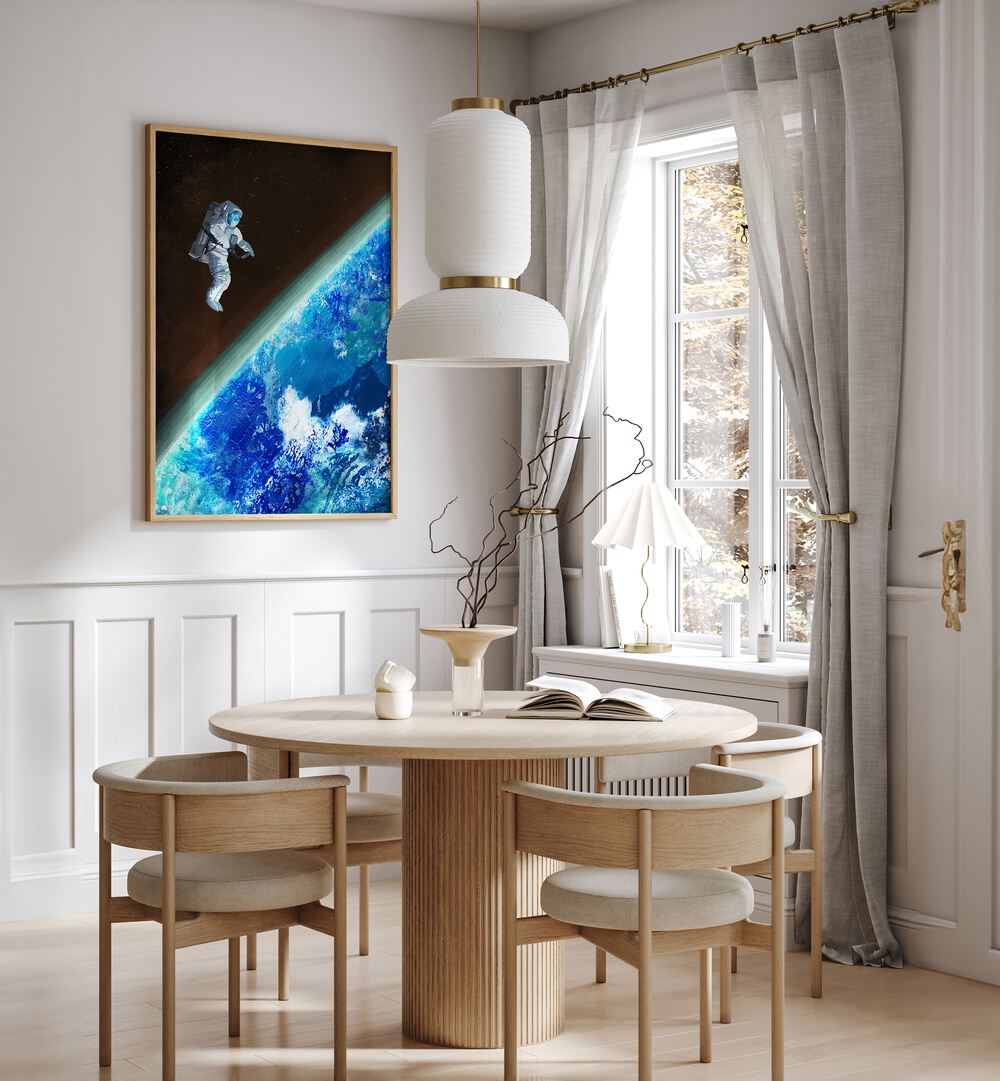 Space Walk By Goed Blauw Sci-fi-posters Wall Art Prints in Oak Wood Plain Frame placed on a White Colored Wall near a Coffee Table in the Dining Room