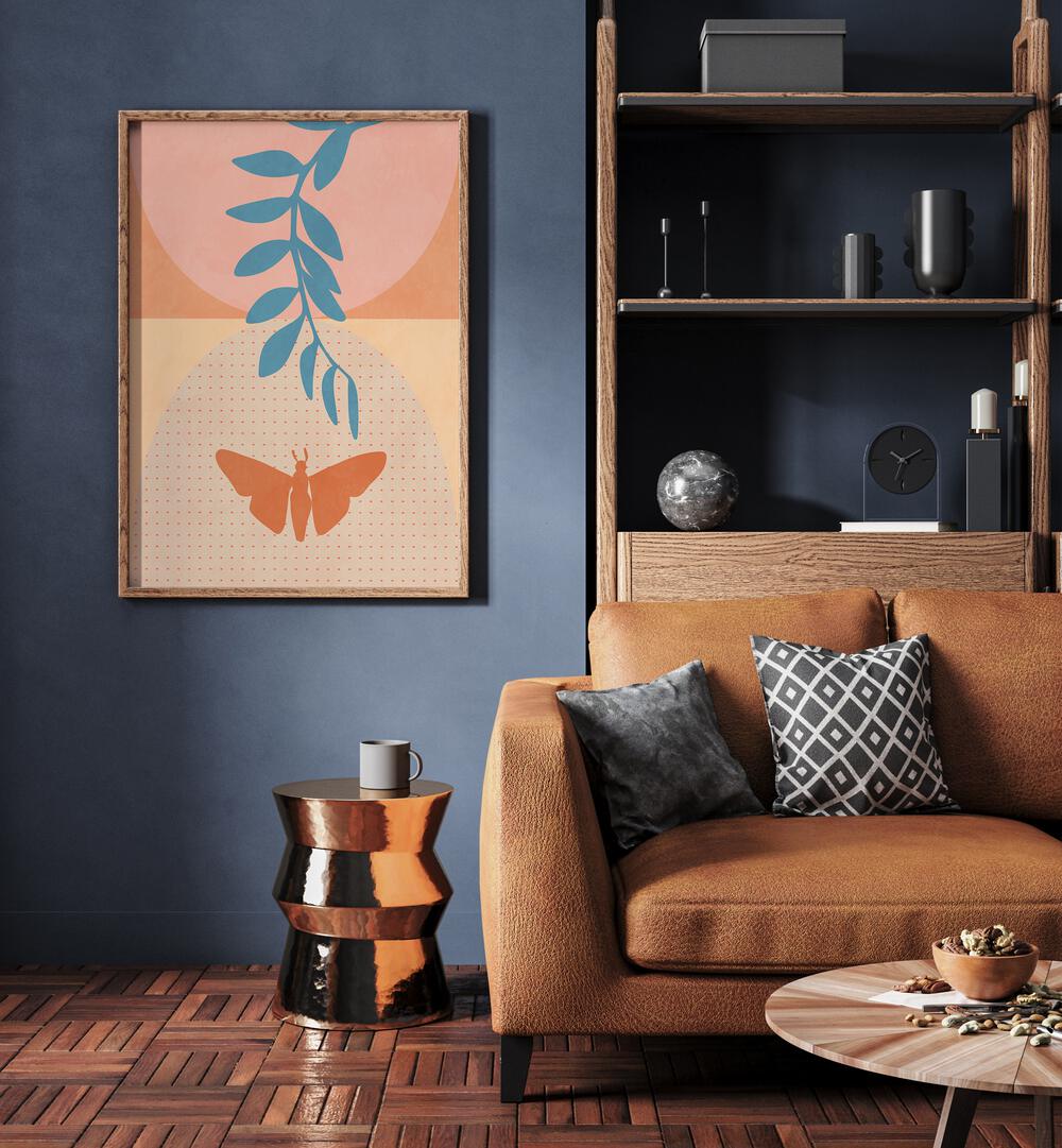 Spaces 2020 i By Ana Rut Bre Abstract Art Abstract Wall Art in Oak Wood Plain Frame placed on a wall beside a sofa