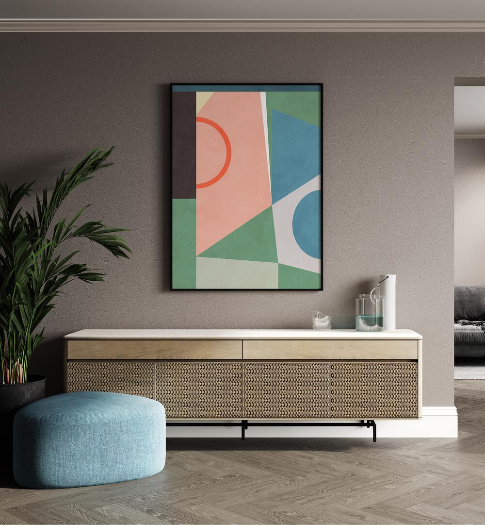 Spaces 2020 ii By Ana Rut Bre Abstract Art Abstract Wall Art in Black Plain Frame placed on a wall behind a console table