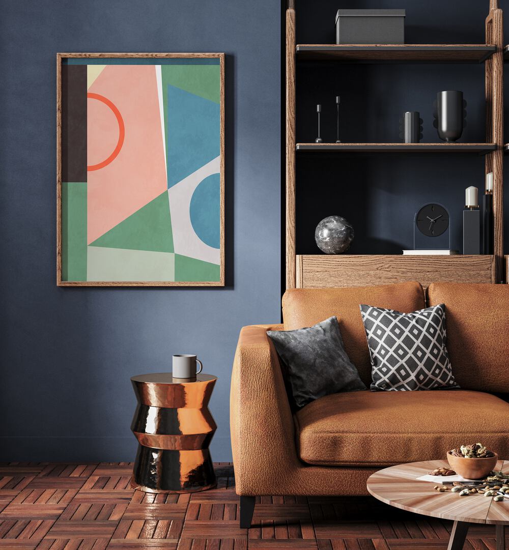 Spaces 2020 ii By Ana Rut Bre Abstract Art Abstract Wall Art in Oak Wood Plain Frame placed on a wall beside a sofa