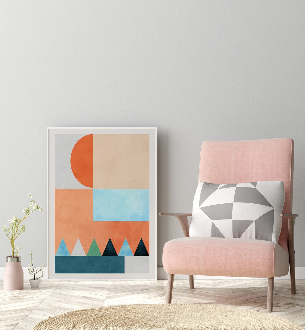 Spaces Bleu Dreieck By Ana Rut Bre Abstract Art Abstract Wall Art in White Plain Frame placed on the floor beside a chair