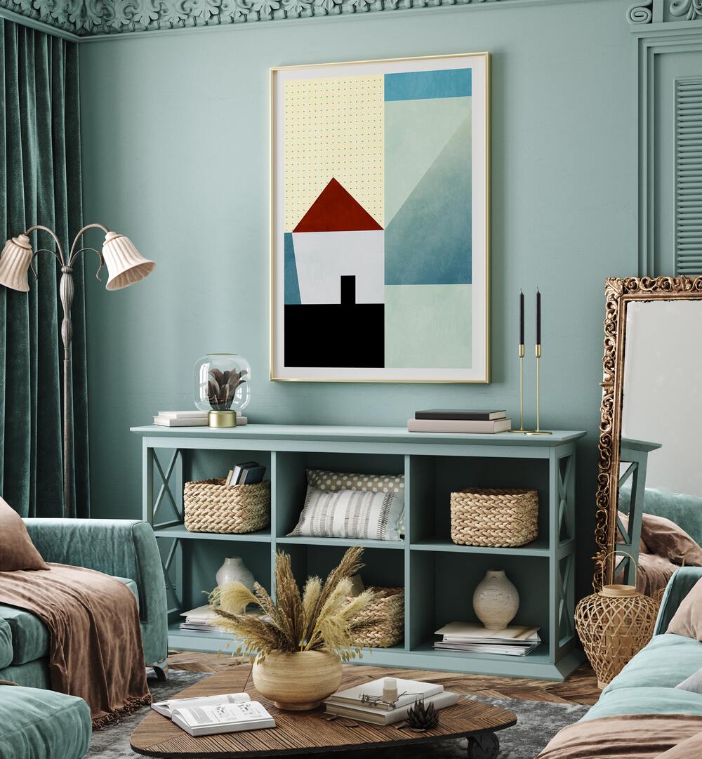 Spaces Bleu House By Ana Rut Bre Abstract Art Abstract Wall Art in White Plain Frame placed on a wall behind a table