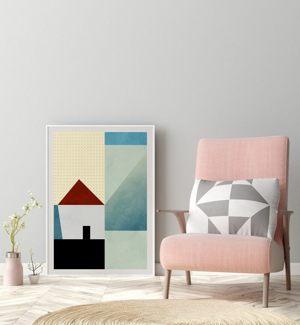 Spaces Bleu House By Ana Rut Bre Abstract Art Abstract Wall Art in White Plain Frame placed on the floor beside a chair