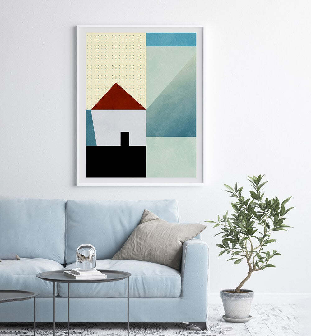 Spaces Bleu House By Ana Rut Bre Abstract Art Abstract Wall Art in White Plain Frame placed on a wall behind a sofa