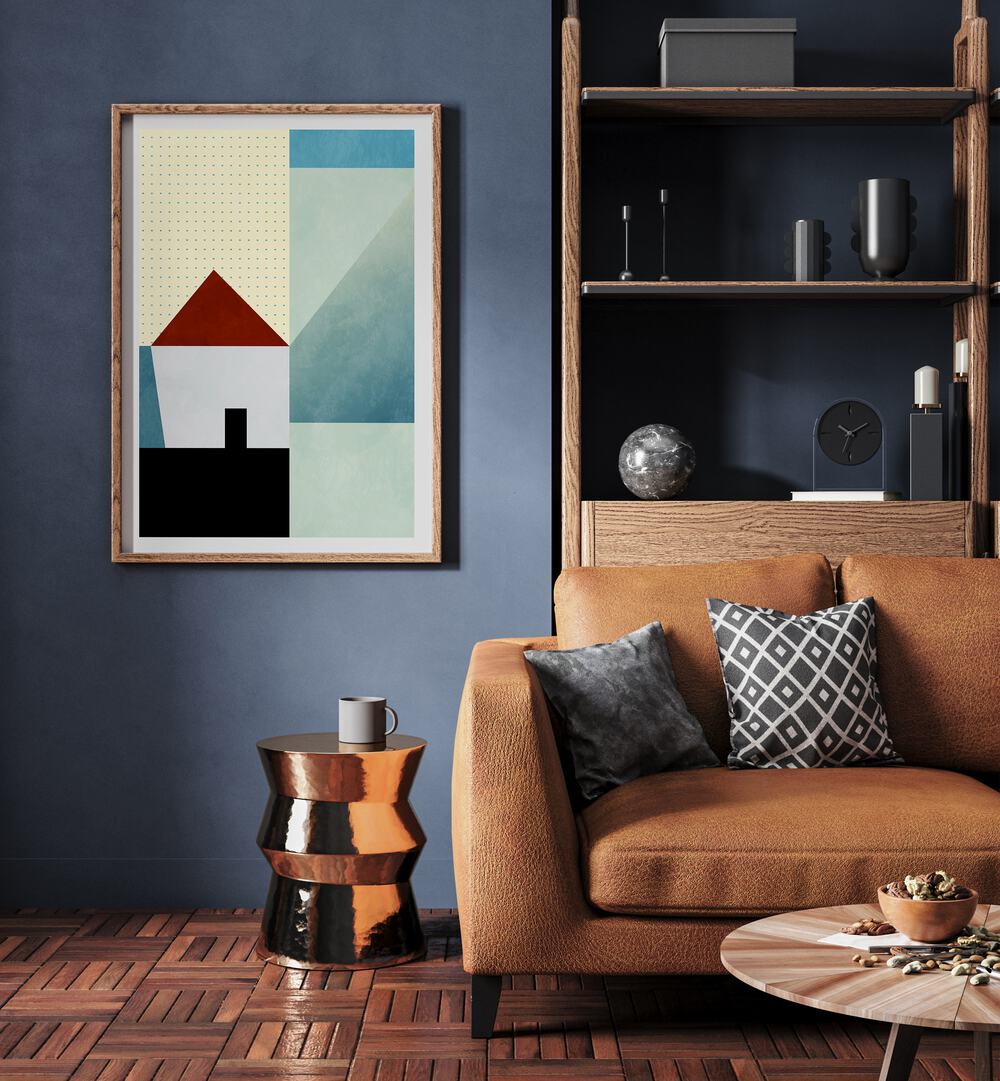 Spaces Bleu House By Ana Rut Bre Abstract Art Abstract Wall Art in Oak Wood Plain Frame placed on a wall beside a sofa