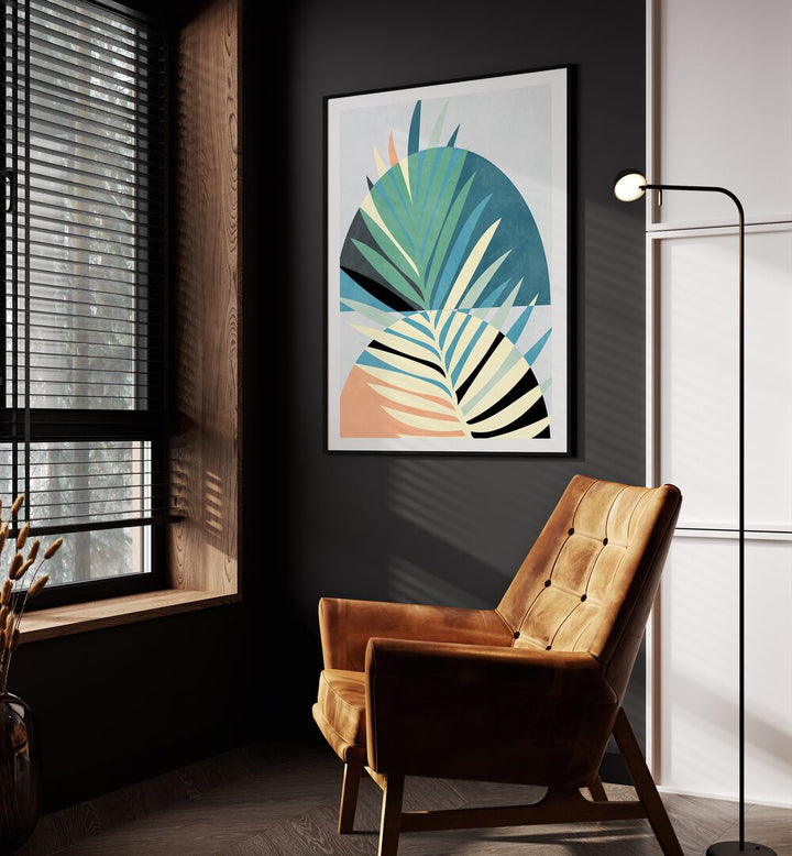 Spaces Bleu Kopie By Ana Rut Bre Abstract Art Abstract Wall Art in Black Plain Frame placed on a wall beside a orange sofa and a window