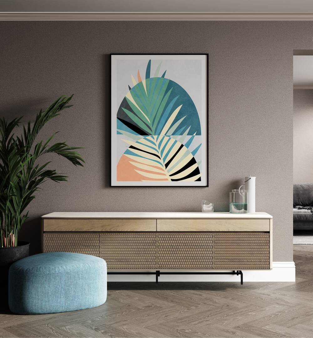 Spaces Bleu Kopie By Ana Rut Bre Abstract Art Abstract Wall Art in Black Plain Frame placed on a wall behind a console table