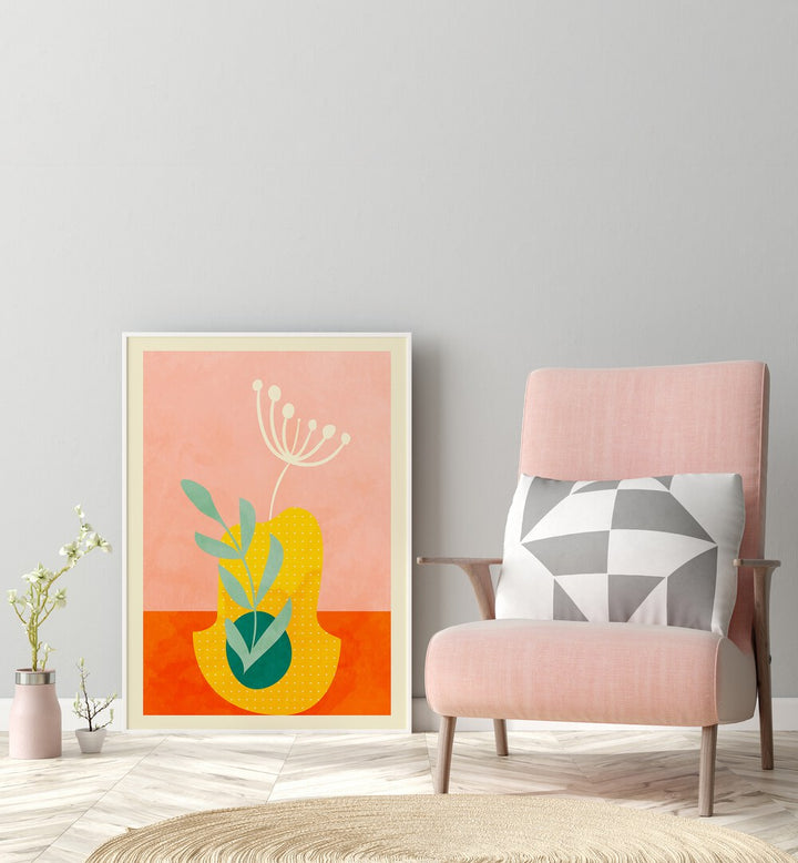 Spaces Fleur ii By Ana Rut Bre Abstract Art Abstract Wall Art in White Plain Frame placed on the floor beside a chair