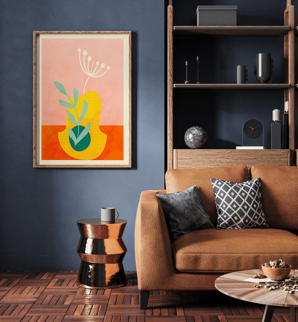 Spaces Fleur ii By Ana Rut Bre Abstract Art Abstract Wall Art in Oak Wood Plain Frame placed on a wall beside a sofa