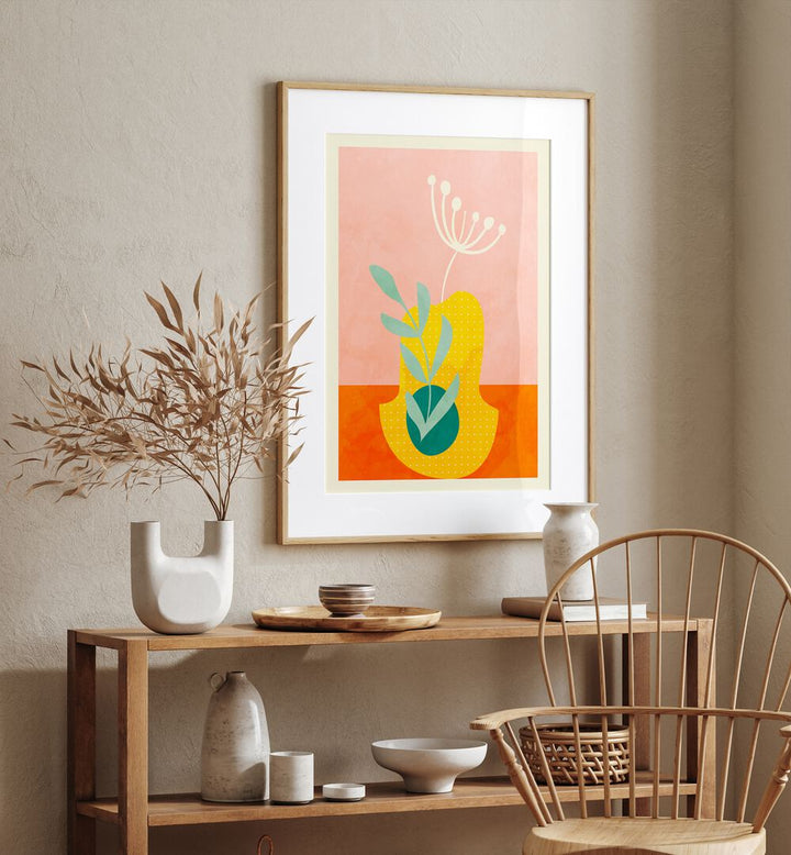 Spaces Fleur ii By Ana Rut Bre Abstract Art Abstract Wall Art in Oak Wood Frame With Mount placed on a wall behind a table