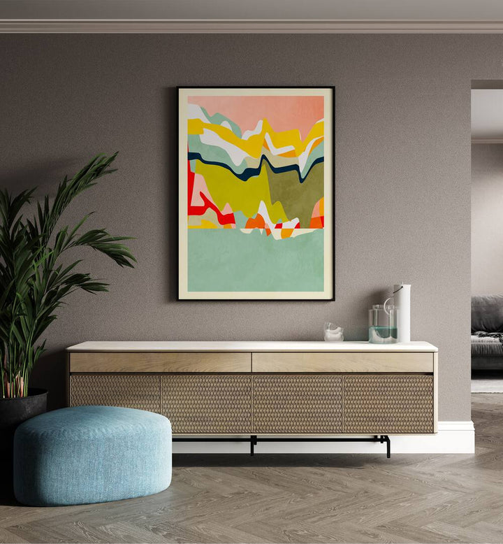 Spaces Landscape By Ana Rut Bre Abstract Art Abstract Wall Art in Black Plain Frame placed on a wall behind a console table