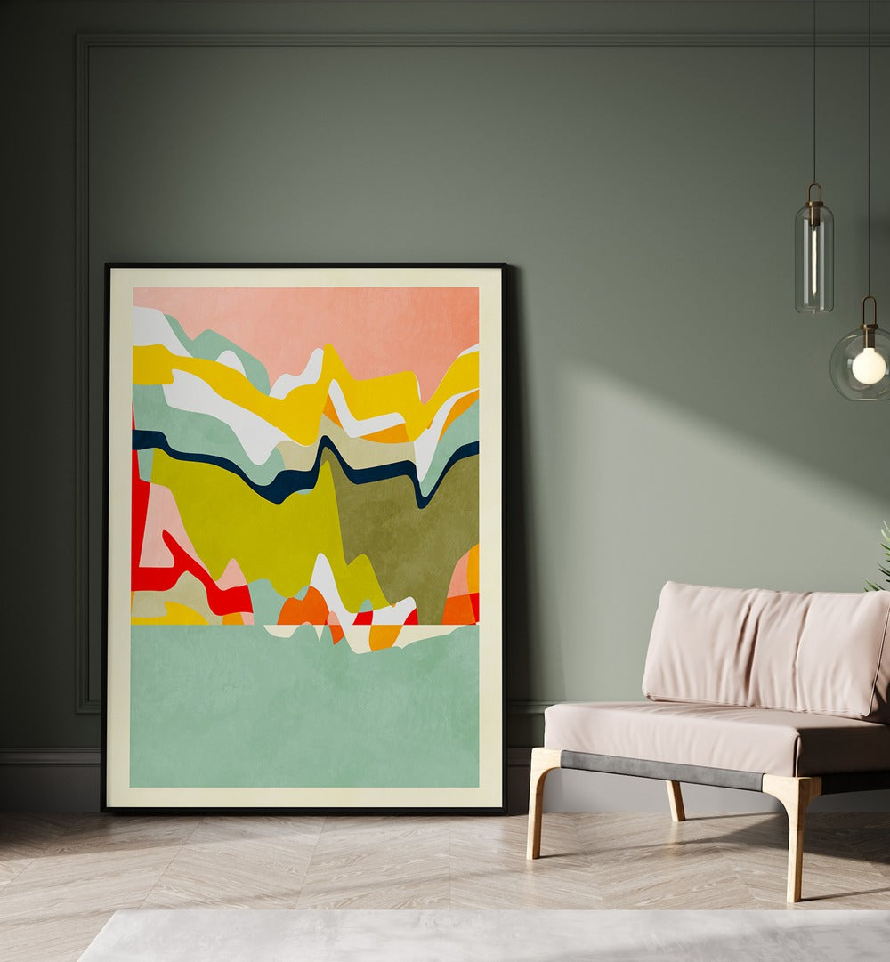 Spaces Landscape By Ana Rut Bre Abstract Art Abstract Wall Art in Black Plain Frame placed on the floor beside a sofa