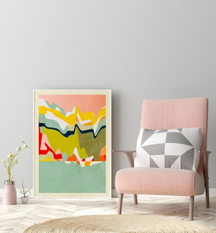 Spaces Landscape By Ana Rut Bre Abstract Art Abstract Wall Art in White Plain Frame placed on the floor beside a chair