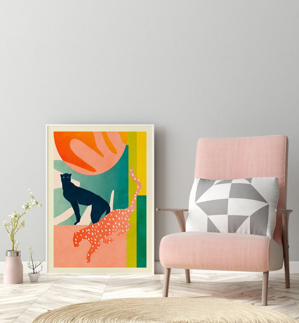 Spaces Leo Kopie By Ana Rut Bre Abstract Art Abstract Wall Art in White Plain Frame placed on the floor beside a chair