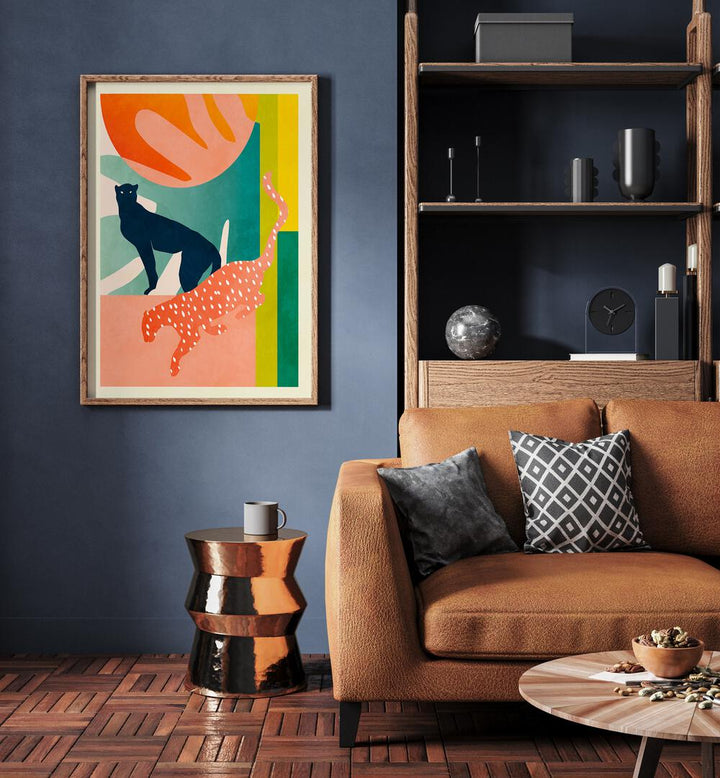 Spaces Leo Kopie By Ana Rut Bre Abstract Art Abstract Wall Art in Oak Wood Plain Frame placed on a wall beside a sofa