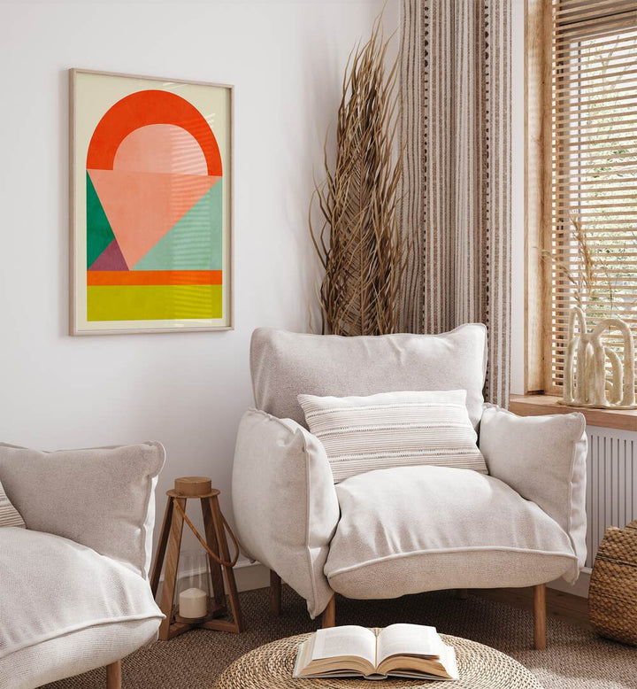 Spaces i By Ana Rut Bre Abstract Art Abstract Wall Art in Oak Wood Plain Frame placed on a wall behind a sofa