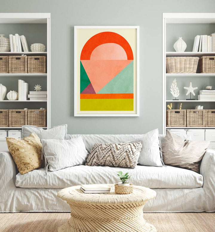 Spaces i By Ana Rut Bre Abstract Art Abstract Wall Art in White Plain Frame placed on a wall behind a sofa