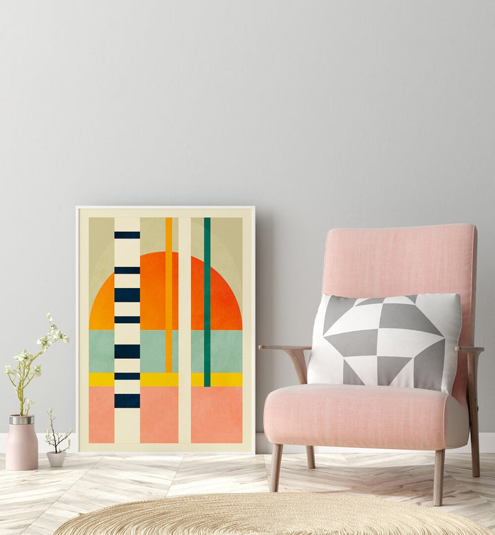 Spaces ii By Ana Rut Bre Abstract Art Abstract Wall Art in White Plain Frame placed on a wall beside a chair