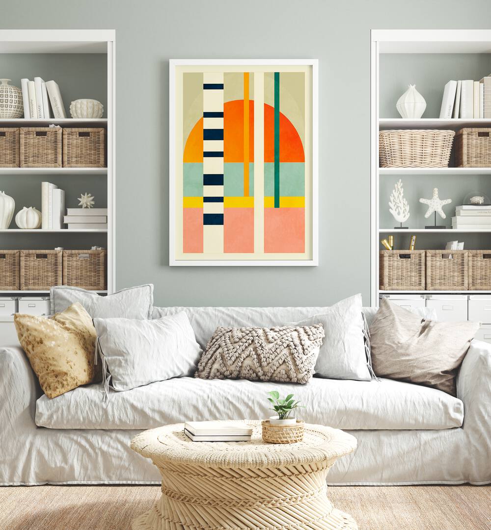 Spaces ii By Ana Rut Bre Abstract Art Abstract Wall Art in White Plain Frame placed on a wall behind a sofa