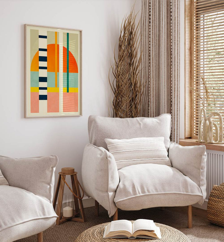 Spaces ii By Ana Rut Bre Abstract Art Abstract Wall Art in Oak Wood Plain Frame placed on a wall behind a sofa and beside window