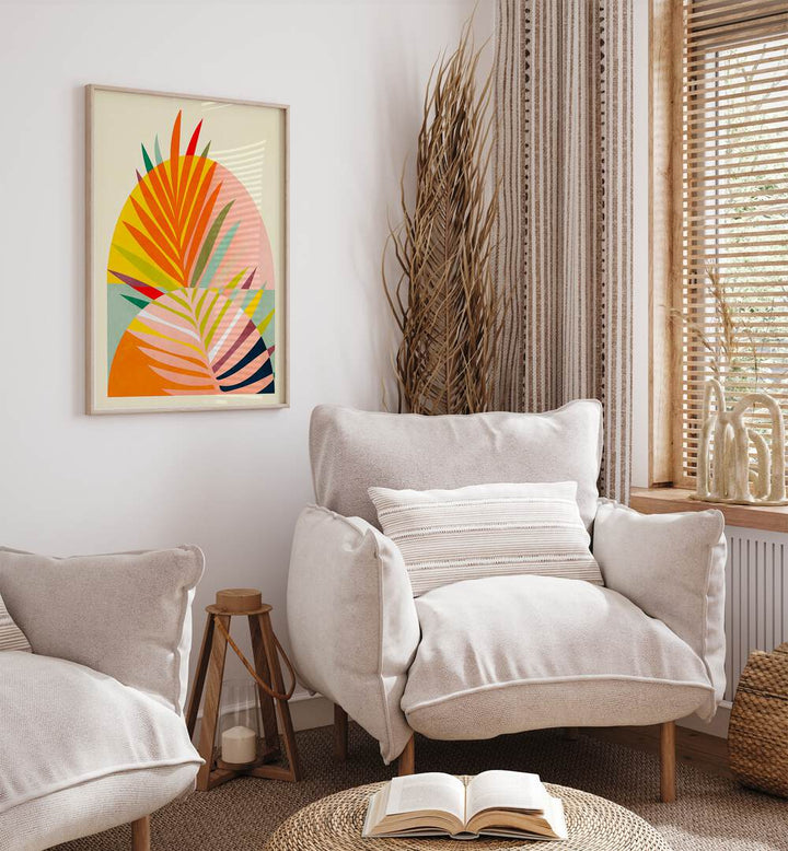 Spaces iii By Ana Rut Bre Abstract Art Abstract Wall Art in Oak Wood Plain Frame placed on a wall behind a sofa and beside window