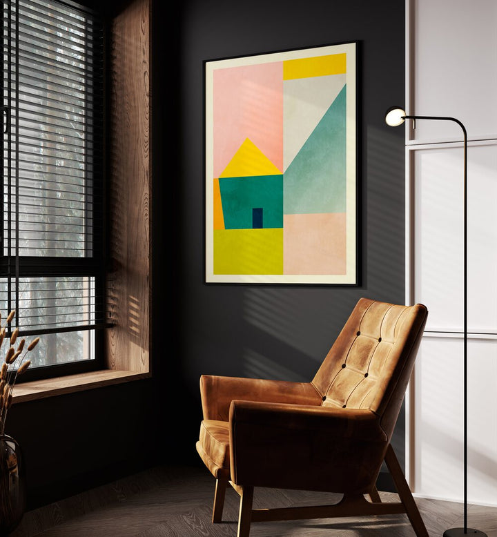 Spaces iii Haus By Ana Rut Bre Abstract Art Abstract Wall Art in Black Plain Frame placed on a wall beside an orange sofa and a window