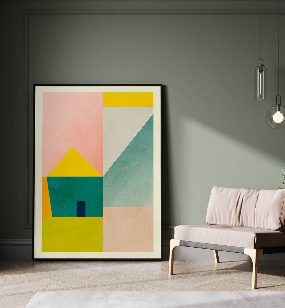 Spaces iii Haus By Ana Rut Bre Abstract Art Abstract Wall Art in Black Plain Frame placed on the floor beside a chair