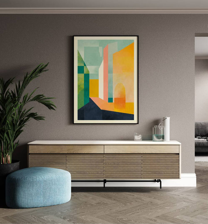 Spaces iii Town By Ana Rut Bre Abstract Art Abstract Wall Art in Black Plain Frame placed on a wall behind a console table