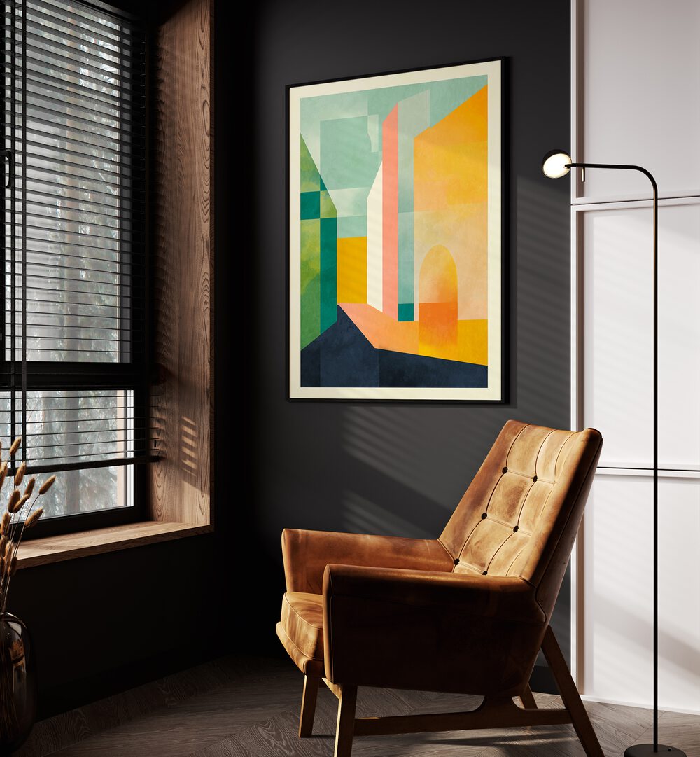 Spaces iii Town By Ana Rut Bre Abstract Art Abstract Wall Art in Black Plain Frame placed on a wall beside an orange sofa and a window