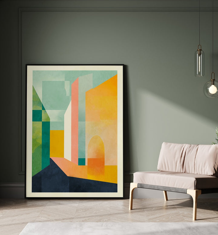 Spaces iii Town By Ana Rut Bre Abstract Art Abstract Wall Art in Black Plain Frame placed on the floor beside a sofa