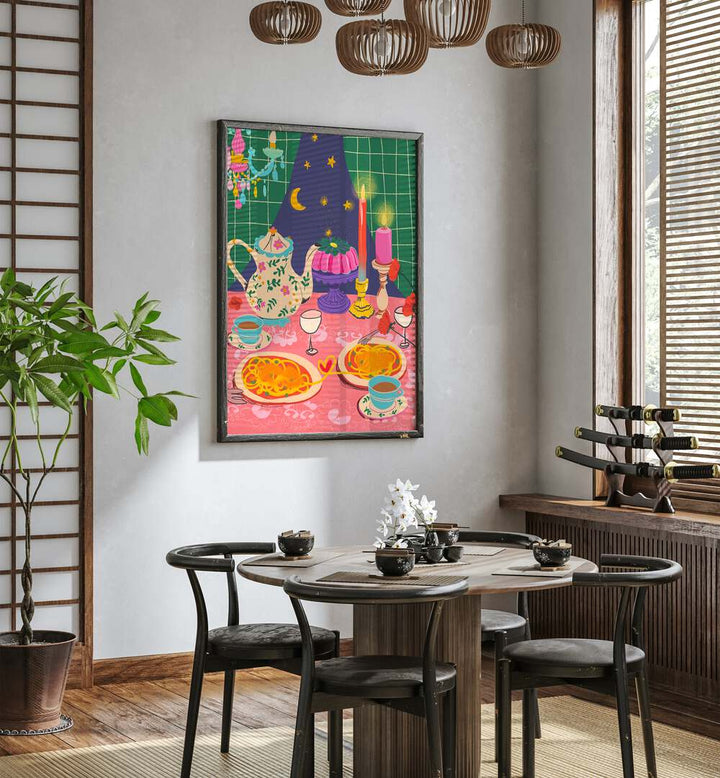 Spaghetti Date By Gigi Rosado Cafe Art Prints Cafe Posters in Dark Wood Plain Frame placed on a White Colored Wall near a Coffee Table in the Dining Room