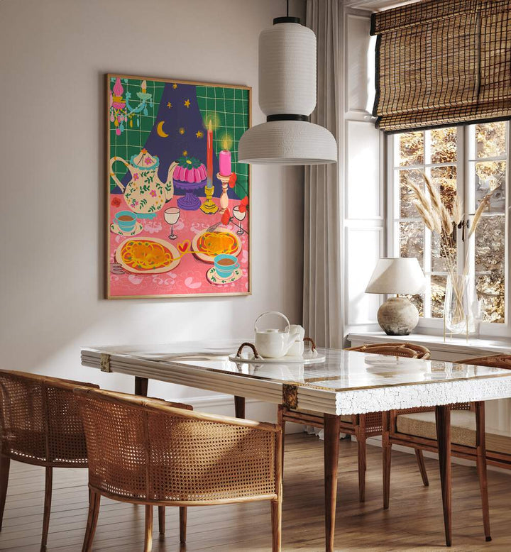 Spaghetti Date By Gigi Rosado Cafe Art Prints Cafe Posters in Oak Wood Plain Frame placed on a White Colored Wall near a Dining Table in the Dining Room