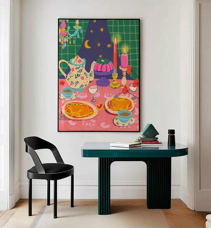 Spaghetti Date By Gigi Rosado Cafe Art Prints Cafe Posters in Black Plain Frame placed on a Cream Colored Wall near a Table in a Workspace in the Drawing Room